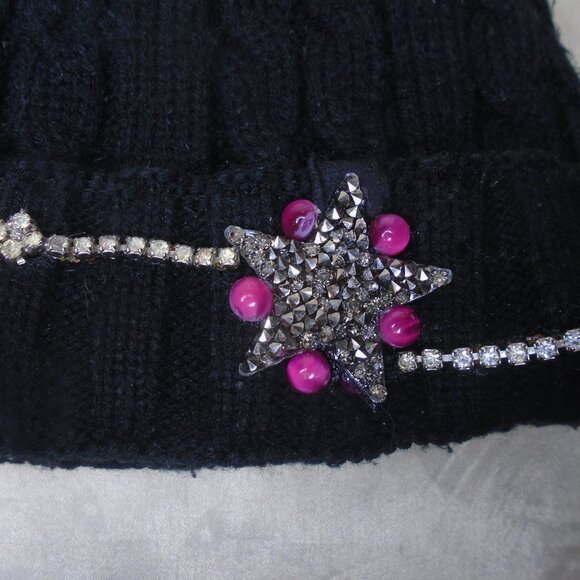Black Beanie with Star & Rhinestone-Embellished OOAK Acrylic Knit Cap Hat - Picture 3 of 8